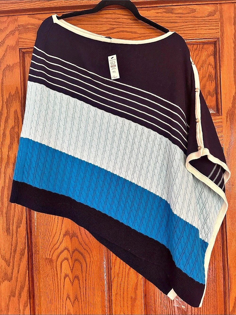 Talbots Colorblock Cable Knit Poncho Striped Poncho Black & Blue Size M/L NWT